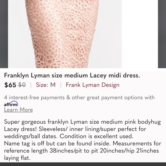Franklyn Lyman size medium/large pink lace cut out midi dress. - Picture 3 of 5